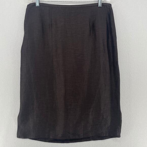 EILEEN FISHER Skirt M Linen Silk A-line Knee Length Slit Side Zip Brown - Picture 1 of 14